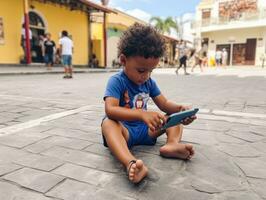 ragazzo a partire dal Colombia utilizzando smartphone per giocando Giochi ai generativo foto