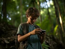 ragazzo a partire dal Colombia utilizzando smartphone per giocando Giochi ai generativo foto