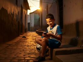 ragazzo a partire dal Colombia utilizzando smartphone per giocando Giochi ai generativo foto