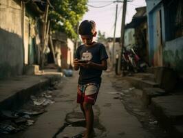 ragazzo a partire dal Colombia utilizzando smartphone per giocando Giochi ai generativo foto