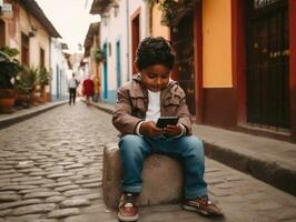 ragazzo a partire dal Colombia utilizzando smartphone per giocando Giochi ai generativo foto