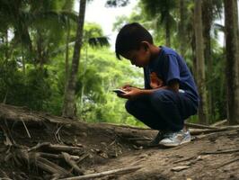 ragazzo a partire dal Colombia utilizzando smartphone per giocando Giochi ai generativo foto