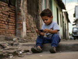 ragazzo a partire dal Colombia utilizzando smartphone per giocando Giochi ai generativo foto