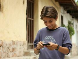 ragazzo a partire dal Colombia utilizzando smartphone per giocando Giochi ai generativo foto