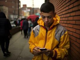 adolescente a partire dal Colombia utilizzando un' smartphone per giocando Giochi ai generativo foto