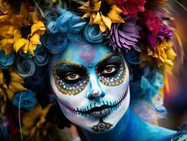 donna nel vivace Calavera trucco celebra il giorno di morto ai generativo foto