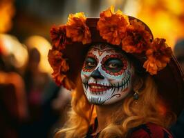 donna nel vivace Calavera trucco celebra il giorno di morto ai generativo foto