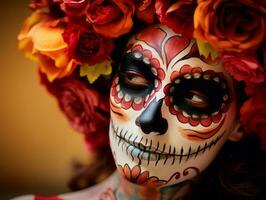 donna nel vivace Calavera trucco celebra il giorno di morto ai generativo foto