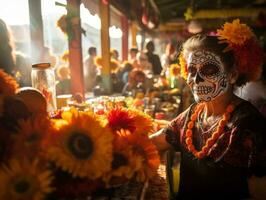 donna nel vivace Calavera trucco celebra il giorno di morto ai generativo foto