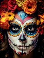 donna nel vivace Calavera trucco celebra il giorno di morto ai generativo foto