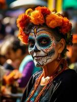 donna nel vivace Calavera trucco celebra il giorno di morto ai generativo foto