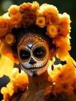 donna nel vivace Calavera trucco celebra il giorno di morto ai generativo foto