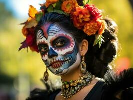 donna nel vivace Calavera trucco celebra il giorno di morto ai generativo foto