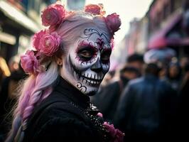 donna nel vivace Calavera trucco celebra il giorno di morto ai generativo foto