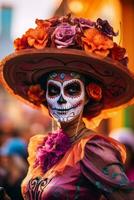 donna nel vivace Calavera trucco celebra il giorno di morto ai generativo foto