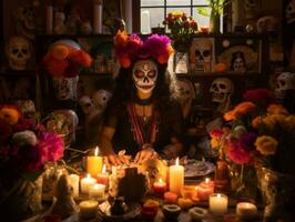 donna nel vivace Calavera trucco celebra il giorno di morto ai generativo foto