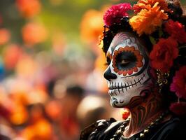 donna nel vivace Calavera trucco celebra il giorno di morto ai generativo foto