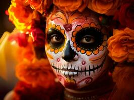 donna nel vivace Calavera trucco celebra il giorno di morto ai generativo foto