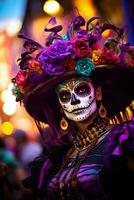 donna nel vivace Calavera trucco celebra il giorno di morto ai generativo foto