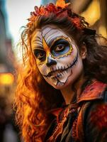 donna nel vivace Calavera trucco celebra il giorno di morto ai generativo foto