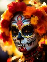 donna nel vivace Calavera trucco celebra il giorno di morto ai generativo foto