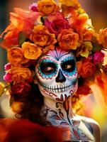 donna nel vivace Calavera trucco celebra il giorno di morto ai generativo foto