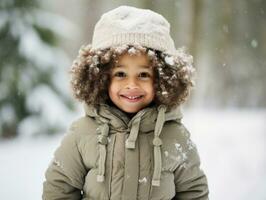 africano americano ragazzo gode il inverno nevoso giorno nel giocoso emotivo dinamico posa ai generativo foto