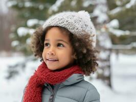 africano americano ragazzo gode il inverno nevoso giorno nel giocoso emotivo dinamico posa ai generativo foto