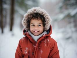 africano americano ragazzo gode il inverno nevoso giorno nel giocoso emotivo dinamico posa ai generativo foto
