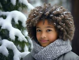 africano americano ragazzo gode il inverno nevoso giorno nel giocoso emotivo dinamico posa ai generativo foto