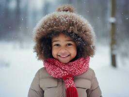 africano americano ragazzo gode il inverno nevoso giorno nel giocoso emotivo dinamico posa ai generativo foto