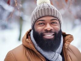 africano americano uomo gode il inverno nevoso giorno nel giocoso emotivo dinamico posa ai generativo foto