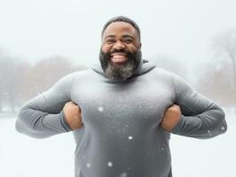 africano americano uomo gode il inverno nevoso giorno nel giocoso emotivo dinamico posa ai generativo foto