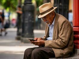 vecchio uomo a partire dal Colombia utilizzando un' smartphone per in linea comunicazione ai generativo foto