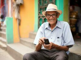 vecchio uomo a partire dal Colombia utilizzando un' smartphone per in linea comunicazione ai generativo foto