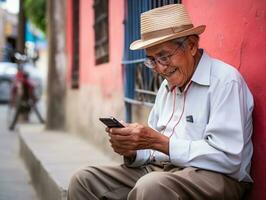 vecchio uomo a partire dal Colombia utilizzando un' smartphone per in linea comunicazione ai generativo foto