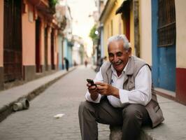 vecchio uomo a partire dal Colombia utilizzando un' smartphone per in linea comunicazione ai generativo foto