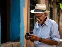 vecchio uomo a partire dal Colombia utilizzando un' smartphone per in linea comunicazione ai generativo foto