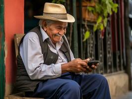 vecchio uomo a partire dal Colombia utilizzando un' smartphone per in linea comunicazione ai generativo foto