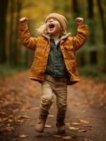 europeo ragazzo nel giocoso emotivo dinamico posa su autunno sfondo ai generativo foto