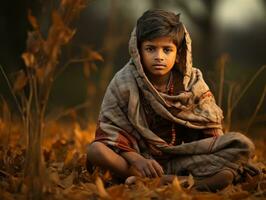 indiano ragazzo nel giocoso emotivo dinamico posa su autunno sfondo ai generativo foto