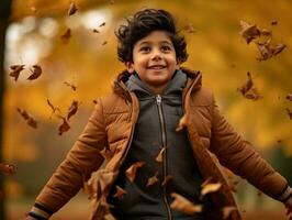 indiano ragazzo nel giocoso emotivo dinamico posa su autunno sfondo ai generativo foto