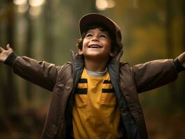 indiano ragazzo nel giocoso emotivo dinamico posa su autunno sfondo ai generativo foto