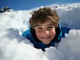 ragazzo gode il inverno nevoso giorno nel giocoso posa ai generativo foto