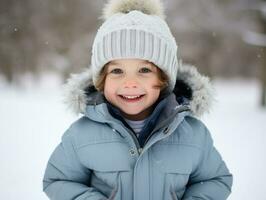 ragazzo gode il inverno nevoso giorno nel giocoso posa ai generativo foto