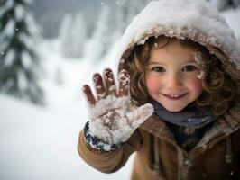 ragazzo gode il inverno nevoso giorno nel giocoso posa ai generativo foto