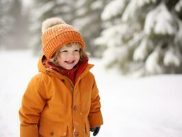 ragazzo gode il inverno nevoso giorno nel giocoso posa ai generativo foto