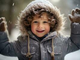 ragazzo gode il inverno nevoso giorno nel giocoso posa ai generativo foto