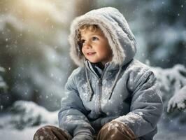 ragazzo gode il inverno nevoso giorno nel giocoso posa ai generativo foto