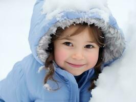 ragazzo gode il inverno nevoso giorno nel giocoso posa ai generativo foto